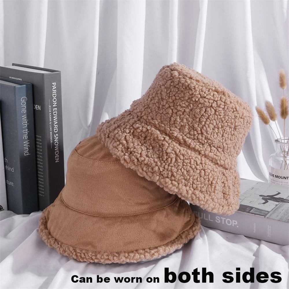 Brown Women winter double-sided suede-like fleece bucket hat