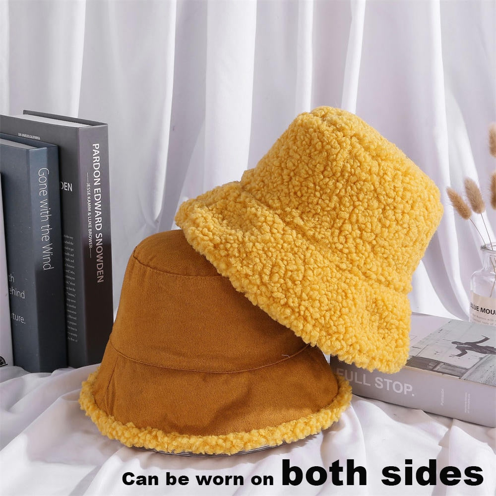 Yellow Women winter double-sided suede-like fleece bucket hat