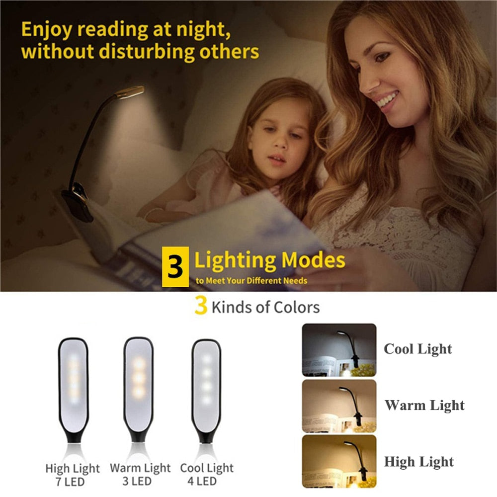 Cozy reading Rechargeable Flexible Easy Clip Mini LED Light Lamp 3 Brightness Levels Warm Cool White Suitable For Reading Studying Working Camping Spot Lighting