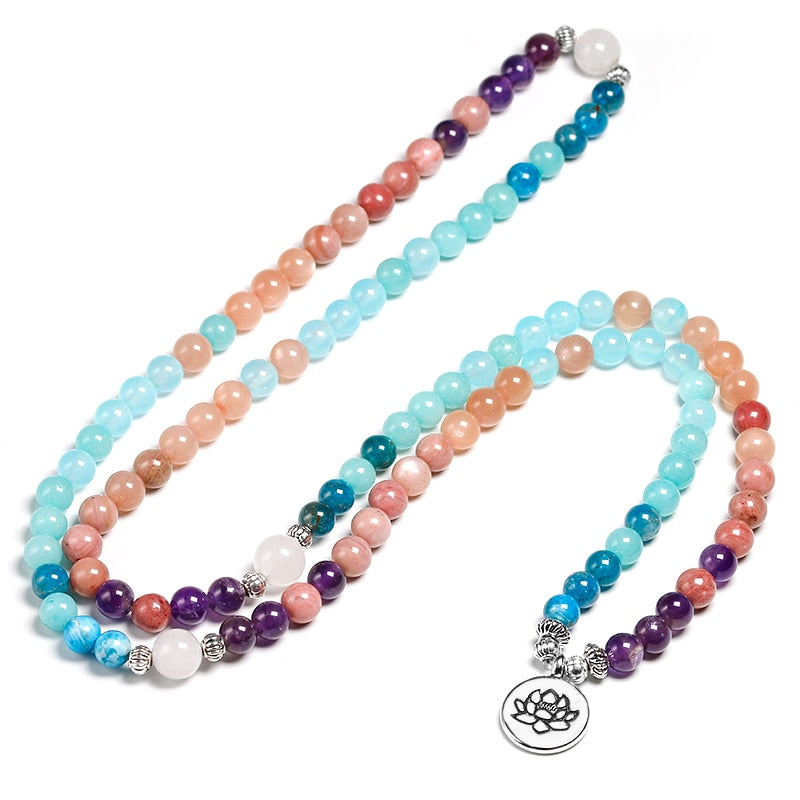 Stylish Natural Stone 108 6mm Beads Necklace Doubles Bracelets Amethyst Apatite Sunstone Rhodochrosite Blue and White Chalcedony Blue Quart