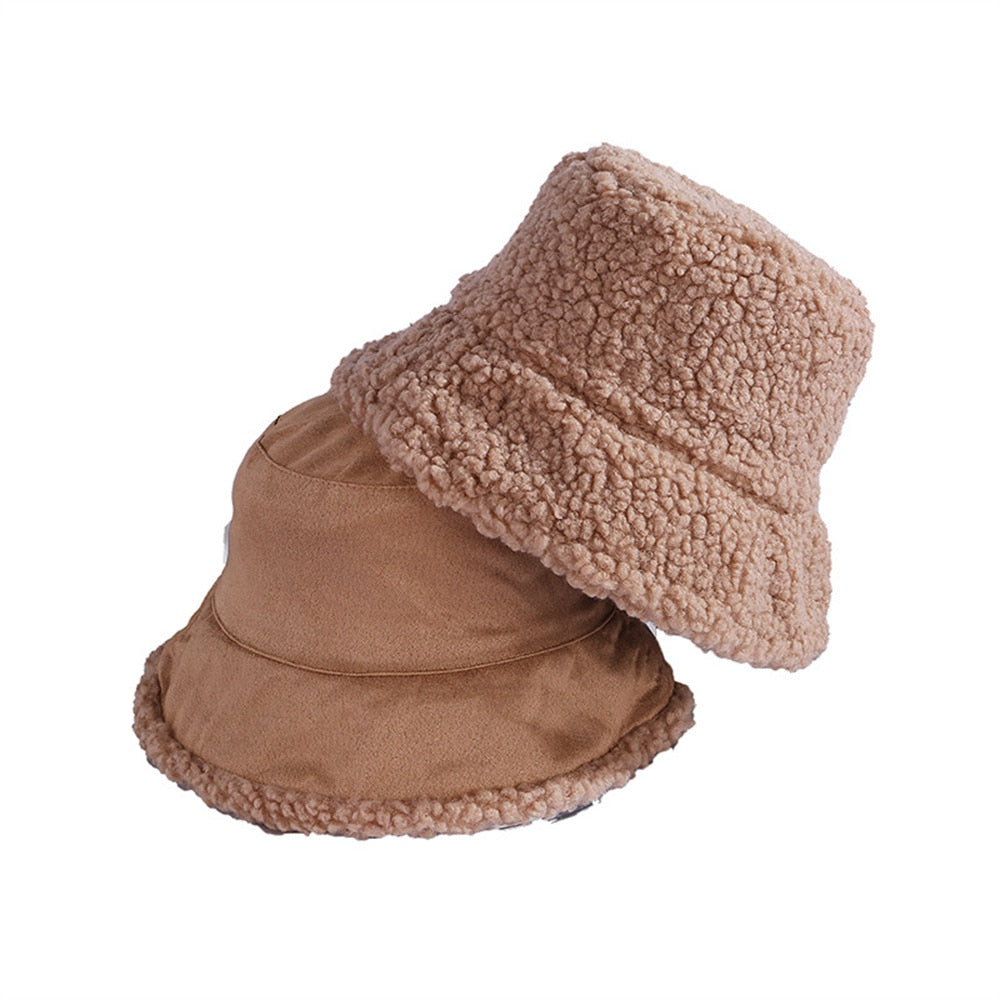 Light chocolate Women winter double-sided suede-like fleece bucket hat