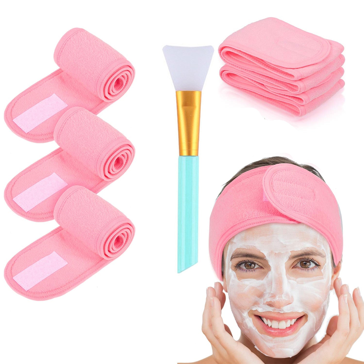 Pink Adjustable Stretchy Face-Wash Spa Make-Up Headband And Mask Brush