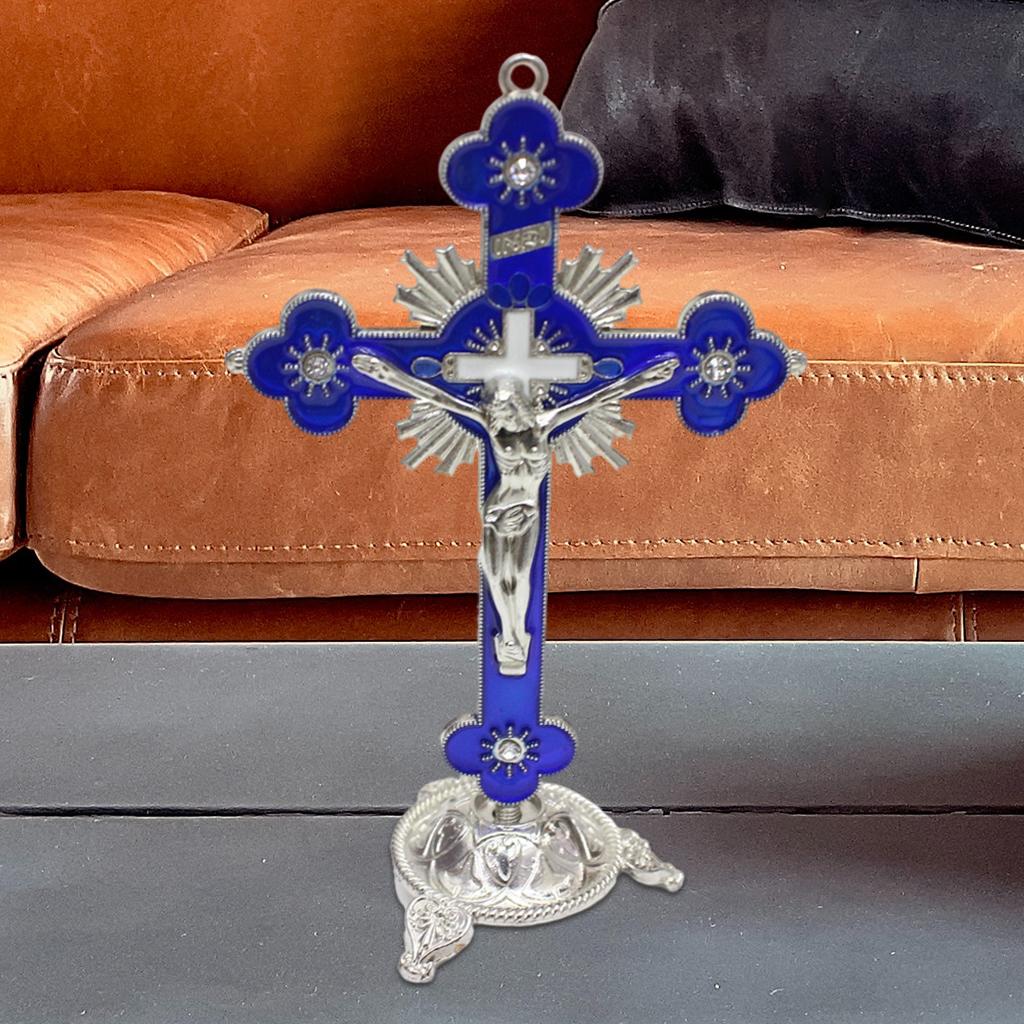 Blue silver Catholic Christian Jesus Christ On Cross Statue Sculpture Crucifix 