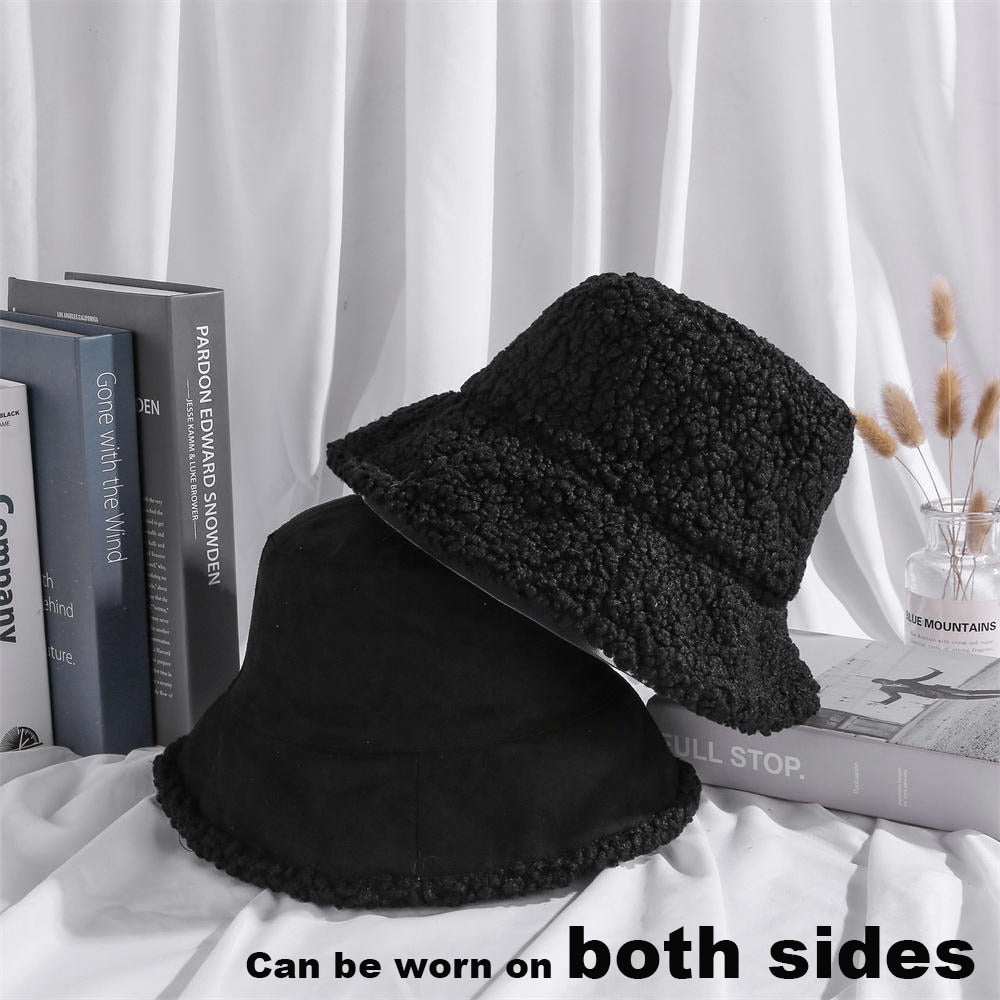 Black Women winter double-sided suede-like fleece bucket hat