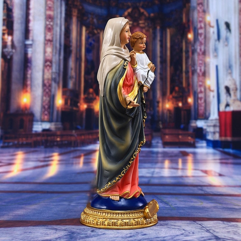 Side view of Virgin Mary and Baby Jesus Christian Catholic Figurine Statue Ornament